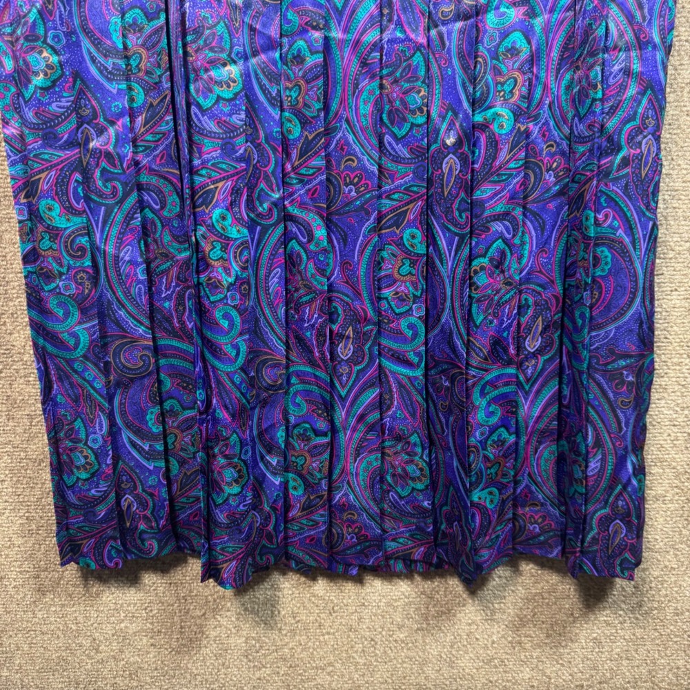 VTG Koret Multicolor Satin Boho Floral Paisley Full Pleated Skirt Sz 12 Pullon - Picture 2 of 10